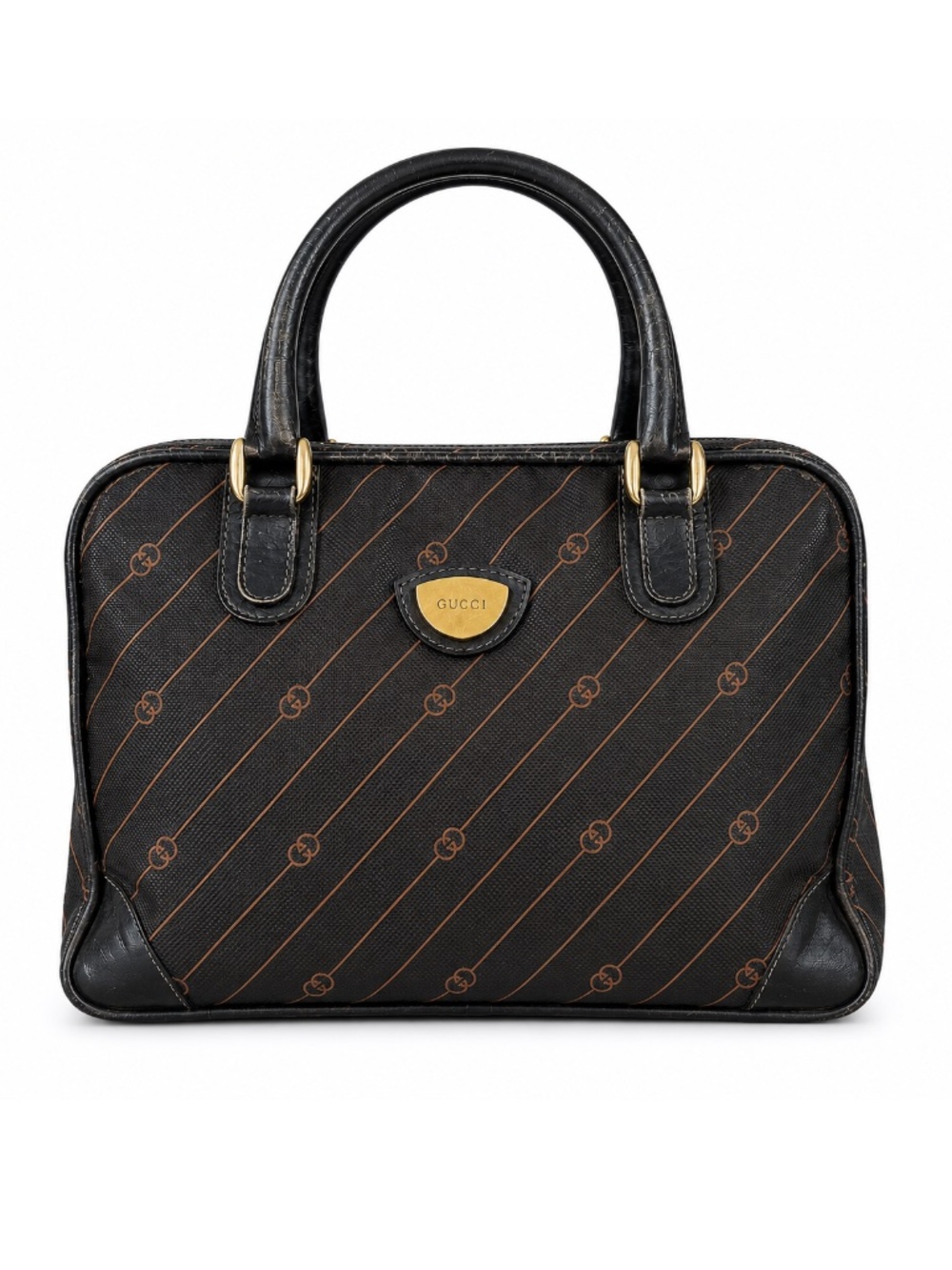 1970s Vintage Gucci Boston Bag | Black & Brown Interlocking GG Satchel RARE